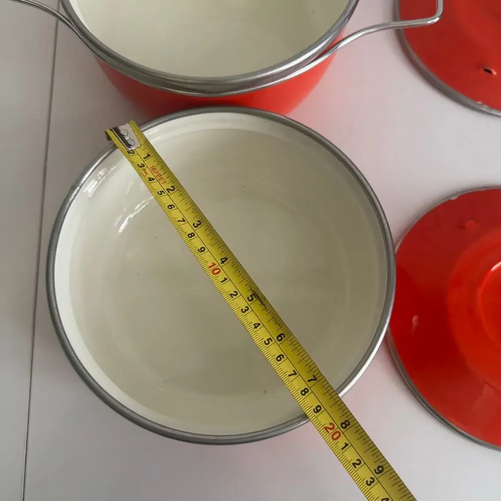 MCM Set of 2 Enamel Bright Red-Orange Lidded Cooking Pots Handle Lid